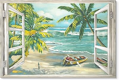 Yuegit Wall canvas with beach landscape: palm with open window, images for living room wall decoration, printing on tropical canvas, framed work for interior decoration, 24 x 36 inch size, easy to hang.. DIAYTAR NIGERIA promises affordability and variety with every purchase, delivered in 5-8 days.
