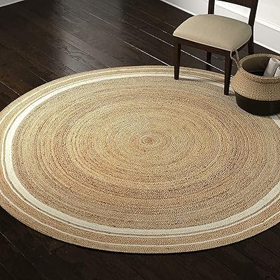 Natural jute carpet with white line hand in a bohemian woven circular design (4 round feet).. Experience shopping freedom with DIAYTAR NIGERIA's comprehensive marketplace delivered within 8 days.