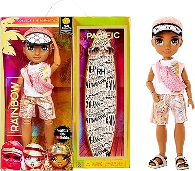 Rainbow High Pacific Coast - Finn Rosado - Mannequin doll for boy with outfit, surfboard and display - includes swimming pool accessories, a shoulder bag and more - collection gift for children 6 years old and more, gold, pink.. DIAYTAR NIGERIA promises affordability and variety with every purchase, delivered in 5-8 days.