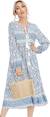 Mid-long dresses Bohemia with retro floral print for women, long sleeves, V-neck, pompoms.. DIAYTAR NIGERIA brings online shopping to every Nigerian with affordable prices and reliable shipping.