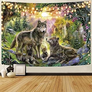 Family wolf wall tapestry for bedroom - Kyku Wolf Decoration for home, animal tapestry for bedroom, tribal wolf decorations, mountain tapestries, forest, living room, dormitory (51.2 "× 59.1", multi).. Shop with purpose at DIAYTAR NIGERIA and receive products at unbeatable prices within the week.