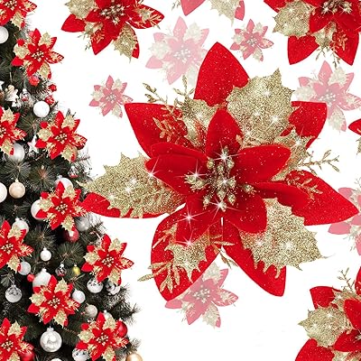 Artificial pokettia flowers with glitter, 12 pieces, red and golden poinsettia flowers, floral tree decorations for holidays/seasonal/wedding, DIY decorations.. DIAYTAR NIGERIA combines affordability, variety, and convenience with nationwide delivery services.