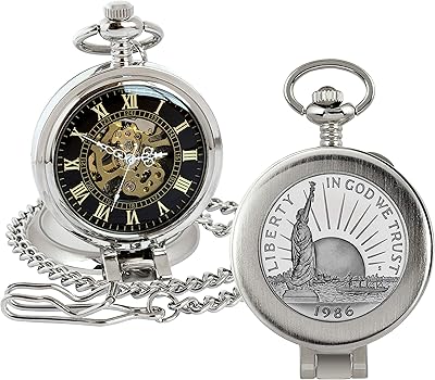 Pocket watch with skeleton quartz movement | Half-dollar commemorative of the Statue of Liberty | Real United States coin | scanned second hand, magnifying glass | Authenticity certificate.. Experience the DIAYTAR difference with our vast product selection and delivery within 5-8 days.