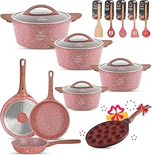 16 -room kitchen battery - Set of Life Smile Smile Smile Smal Pans, Induction coating in 100% granite without PFOA, aluminum cooking set with pressure pressure including casseroles, frying stoves and silicone utensils (pink).. Easy checkout, quick delivery — shop now on DIAYTAR Nigeria.