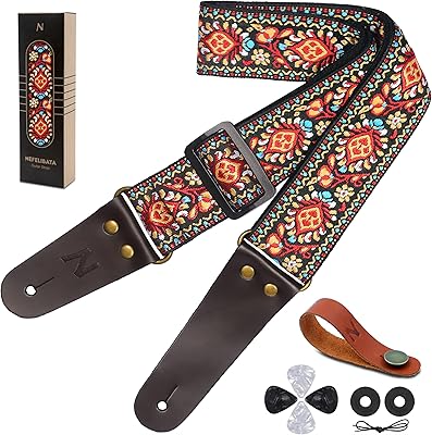 Multicolored guitar strap with true leather ends for electric and acoustic guitar.. DIAYTAR NIGERIA revolutionizes online shopping with competitive prices and reliable 5-8 day delivery.