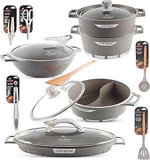 LIFE SMILE Kitchen battery 15 rooms for seafood, 100 % non -stick granite coating without PFOA, including a steam cooker, a fish fryer, a pot, kitchen gadgets (gray).. Online shopping made simple and affordable — DIAYTAR Nigeria.