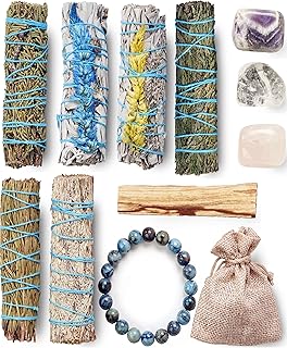 Kit of purification of the earth and air - 2 sets of white and pink sage, blue sage, juniper, cedar, rosemary, amethyst, light quartz and pink, Palo santo, instructions and bracelet in blue agate.. DIAYTAR NIGERIA: Where affordability and variety meet with convenient delivery within 8 days.