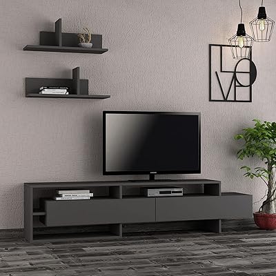 Jara decorative tv cabinet, table with wall shelf for a screen up to 55 inches, depth 29.8 x width 180 x height 42 cm (gray).. DIAYTAR NIGERIA promises affordability and variety with every purchase, delivered in 5-8 days.