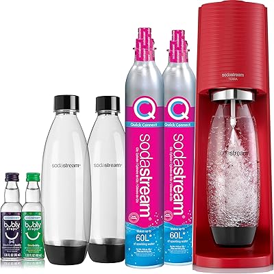 SODASTREAM TERRA (Red) sparkling water manufacturing kit with CO2, DWS bottles and aromas BUBBLE DROP.. DIAYTAR Nigeria: Where affordability meets fast and reliable e-commerce service.