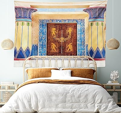 Emproned wall tapestry with entrance door and circular posts, detailed hanging pattern for bedroom, living room, dormitory, 152.4 x 203.2 cm, light brown.. Shop with purpose at DIAYTAR NIGERIA, where your money goes further and delivery is always prompt.