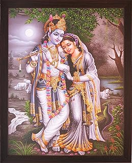 Handmade boutique lord krishna and radha dancing and having fun in the forest