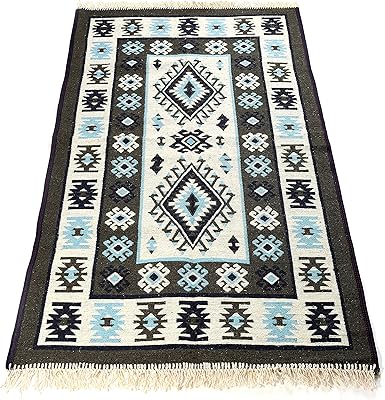 Turkish, washable, double -sided, blue and white kilim carpet (80x120 cm) carpets (80x120 cm).. Shop smart with DIAYTAR NIGERIA's vast selection and enjoy affordable shipping in just 5-8 days.